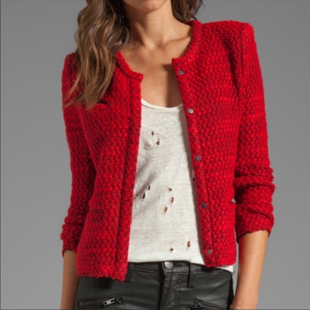 IRO Red Woven Tweed Cropped Sweater Jacket | Size 36